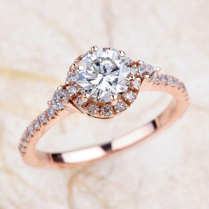 Saphir-Verlobungsring Rose Gold/Runden Schnitt Weiß Saphir Halo Korb September Birthstone von EJCOLLECTIONS