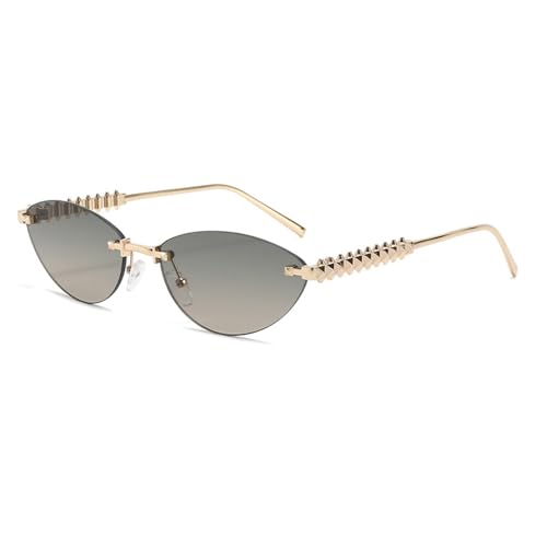 EJDHA Elegante randlose Sonnenbrille für Damen mit goldenen Nietendetails, stylischem Cat-Eye-Design, UV-Schutz (Gold/Graugrün) von EJDHA