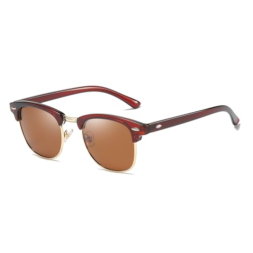 EJDHA Retro Halbrahmen Sonnenbrille, Schwarz-Gold, UV-Schutz, Verspiegelte Gläser (Braun/Braun) von EJDHA