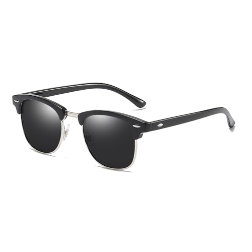 EJDHA Retro Halbrahmen Sonnenbrille, Schwarz-Gold, UV-Schutz, Verspiegelte Gläser (Schwarz/Silbergrau) von EJDHA
