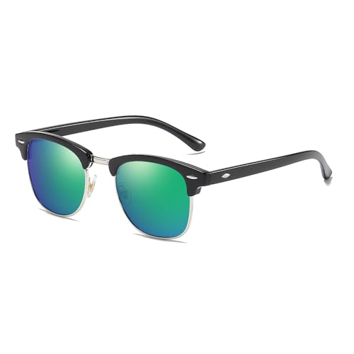 EJDHA Retro Halbrahmen Sonnenbrille, Schwarz-Gold, UV-Schutz, Verspiegelte Gläser (Schwarz/grün reflektierend) von EJDHA