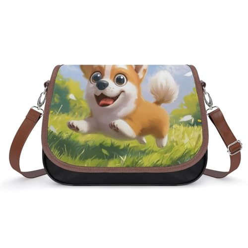EJFICAHG Handtasche Für Frauen Süßer Corgi-Hund Rennt Im Frühling Umhängetasche Leder Crossbody Bag Wasserdichte Messenger Bag von EJFICAHG