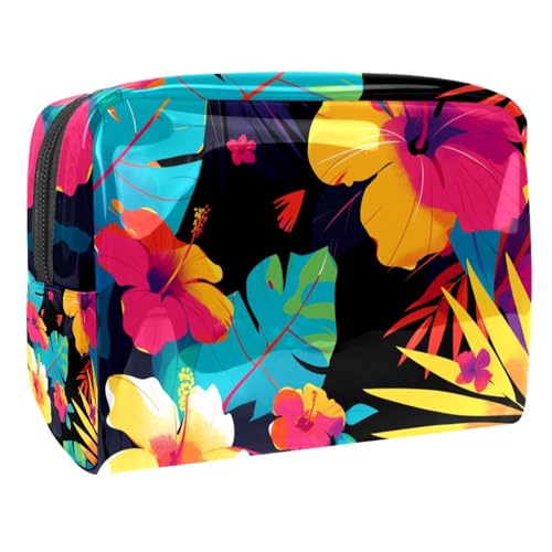 Kosmetiktaschen Für Frauen Aquarell Tropische Blumen Und Blätter Schminkkoffer Reisetasche Kosmetiktasche Organizer 18.5x7.5x13cm von EJFICAHG