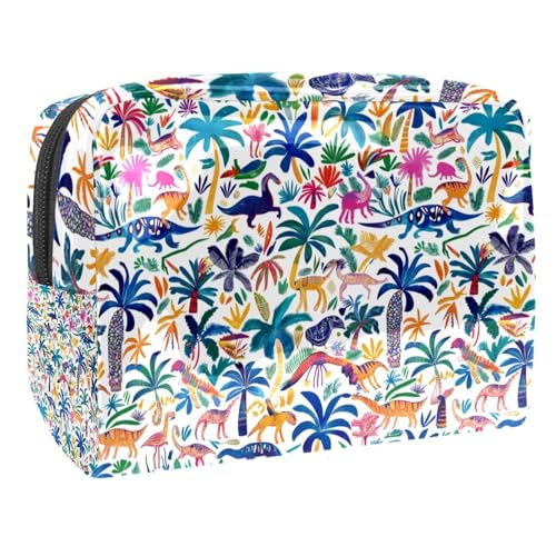 Kosmetiktaschen Für Frauen Bunte Dinosaurier Palmenmuster Schminkkoffer Reisetasche Kosmetiktasche Organizer 18.5x7.5x13cm von EJFICAHG