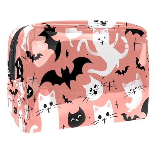 Kosmetiktaschen Für Frauen Halloween-Muster Mit Geisterkatzen Fledermäusen Kürbis Schminkkoffer Reisetasche Kosmetiktasche Organizer 18.5x7.5x13cm von EJFICAHG