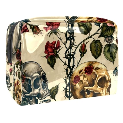 Kosmetiktaschen Für Frauen Rosen Blumen Totenköpfe Schminkkoffer Reisetasche Kosmetiktasche Organizer 18.5x7.5x13cm von EJFICAHG