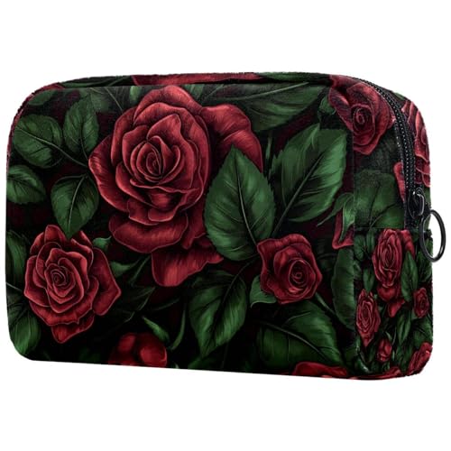 Kosmetiktaschen Für Frauen Rosen Blumen Und Grüne Blätter Schminkkoffer Reisetasche Kosmetiktasche Organizer von EJFICAHG
