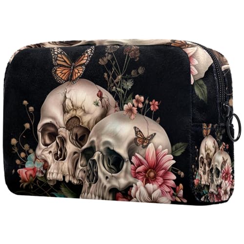 Kosmetiktaschen Für Frauen Totenköpfe Schmetterling Und Blumen Schminkkoffer Reisetasche Kosmetiktasche Organizer von EJFICAHG