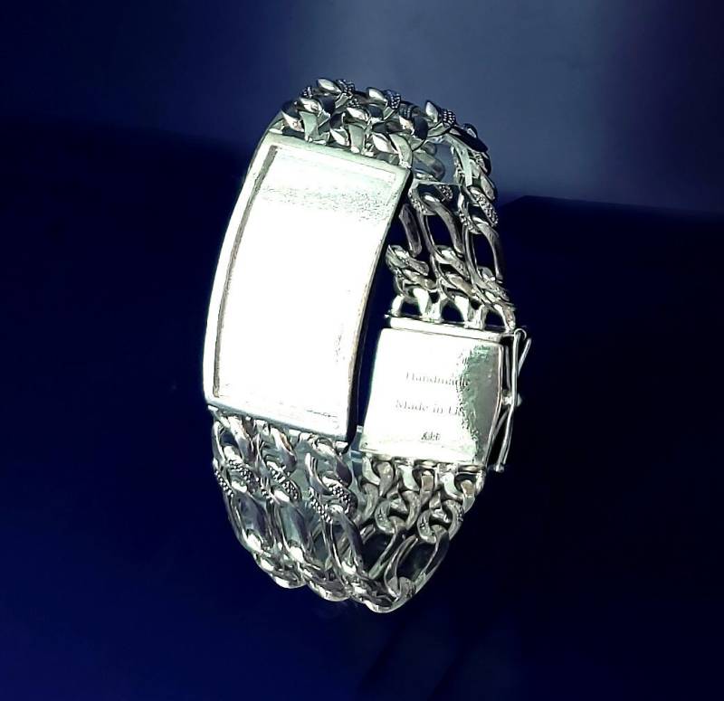 23 Mm Massives Sterling Silber Triple 3Reihig Nugget Style Figaro Link Id Armband Handarbeit in Usa 64 Gramm von EJewelryPlus