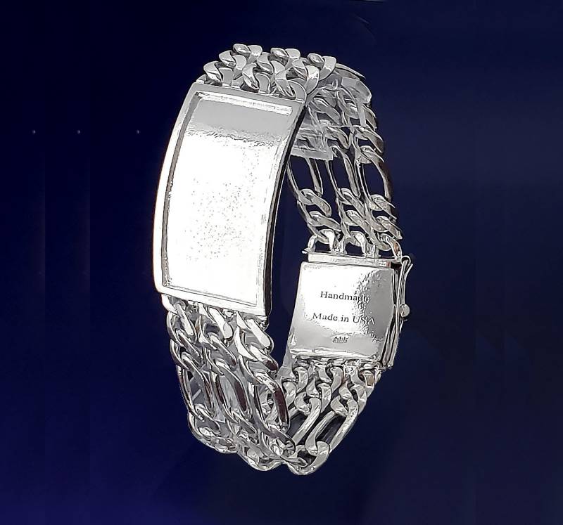 23 Mm Schweres Massives Sterling Silber Triple 3Reihig Figaro Link Id Armband Handmade in Usa 64 Gramm Custom Box Lock von EJewelryPlus