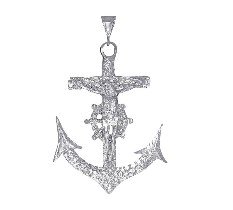 Große Schwere Nugget Stil Sterling Silber Anker Kreuz Mit Jesus Halskette 3.8" Schnitt 35 Gramm Diamant-Finish Und 24-Zoll-Kette Große Schwere Nugget Stil Sterling Silber Anker Kreuz Mit Jesus Halskette 3.8" Schnitt 35 Gramm Diamant-Finish Und 24-Zoll-Kette von EJewelryPlus