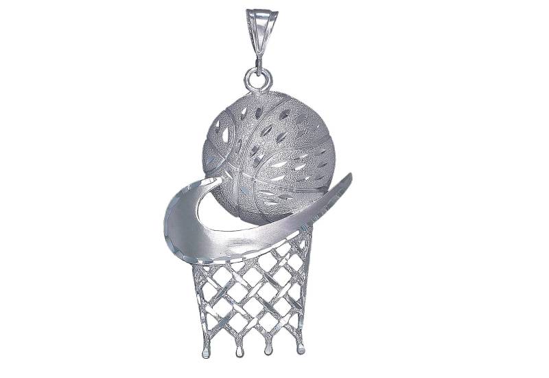 Große Schwere Sterling Silber Basketball Hoop Charmehalskette 3, 5 Zoll 21 Gramm Mit Schnitt Diamant-Finish Und 24-Zoll-Figaro-Kette von EJewelryPlus