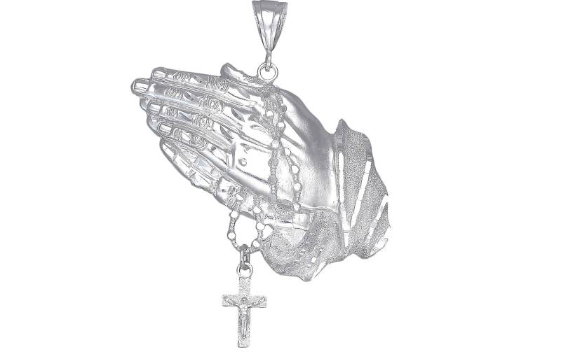 Große Schwere Sterling Silber Betende Hände Mit Rosenkranz Kreuz Anhänger Halskette 3, 2 Zoll 22 Gramm Diamond Cut Finish Und 24-Zoll-Kette von EJewelryPlus