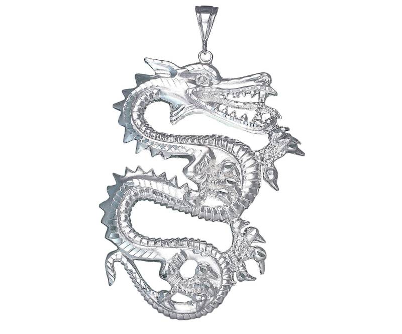 Große Schwere Sterling Silber Dragon Charmehalskette 4, 25 Zoll 50 Gramm Mit Schnitt Diamant-Finish Und 24-Zoll-Figaro-Kette von EJewelryPlus