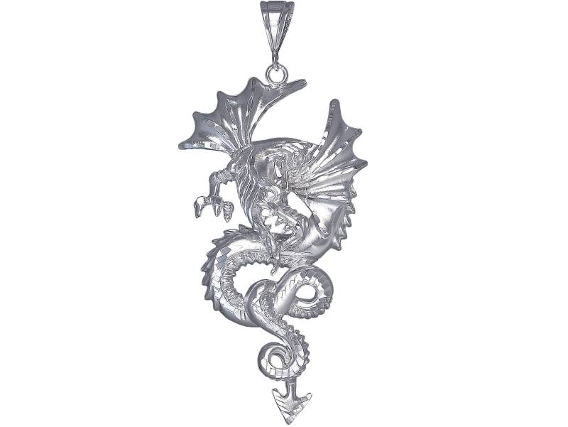Große Schwere Sterling Silber Dragon Charmehalskette 4 Zoll 22 Gramm Mit Schnitt Diamant-Finish Und 24-Zoll-Figaro-Kette von EJewelryPlus