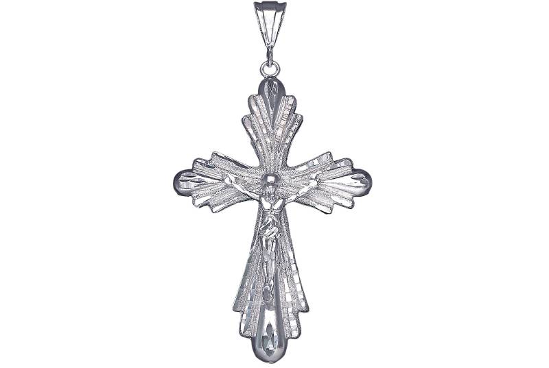 Große Schwere Sterling Silber Kreuz Mit Jesus Halskette 3, 6 Zoll 20 Gramm Schnitt Diamant-Finish Und 24-Zoll-Figaro-Kette von EJewelryPlus