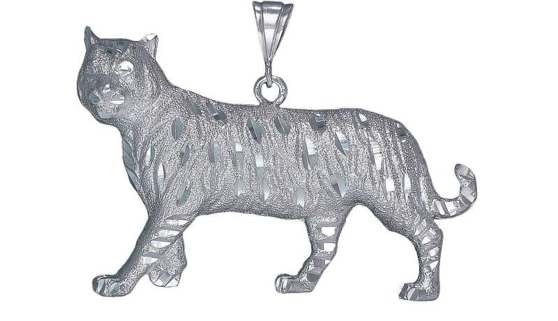 Große Schwere Sterling Silber Tiger Charm Halskette 3, 25 Zoll 41 Gramm Mit Schnitt Diamant-Finish Und 24-Zoll-Figaro-Kette von EJewelryPlus