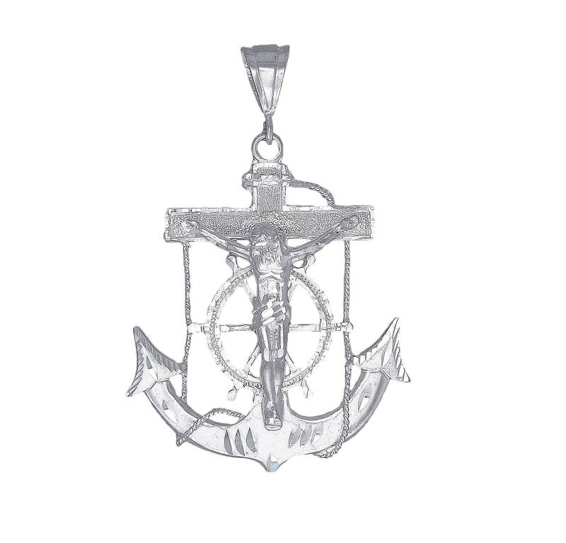 Große Silber Anker Kreuz Mit Jesus Halskette 2, 9 Zoll 15 Gramm Schnitt Diamant-Finish Und 24-Zoll-Kette von EJewelryPlus