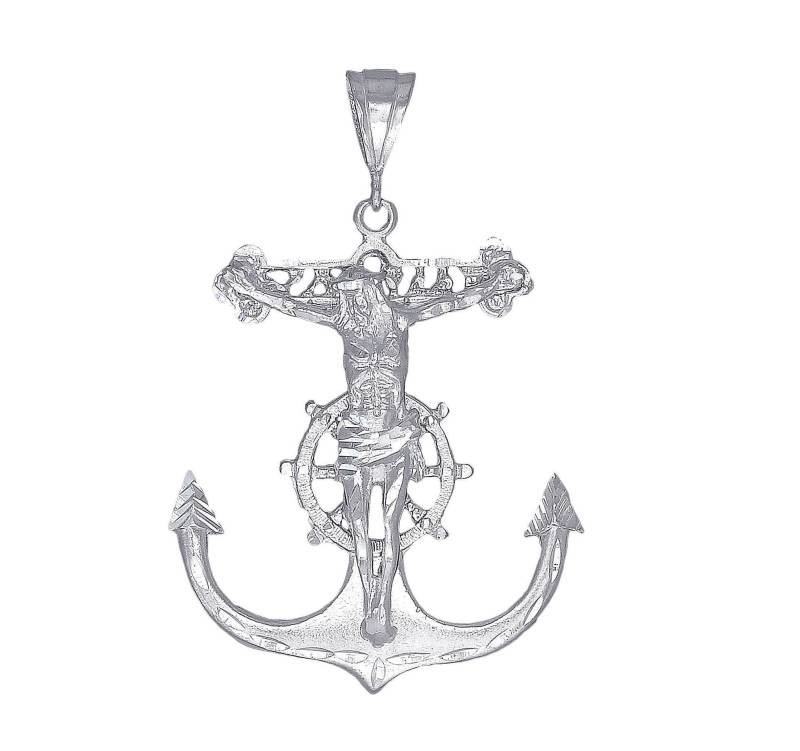 Große Silber Anker Kreuz Mit Jesus Halskette 3 Zoll 16 Gramm Schnitt Diamant-Finish Und 24-Zoll-Kette von EJewelryPlus