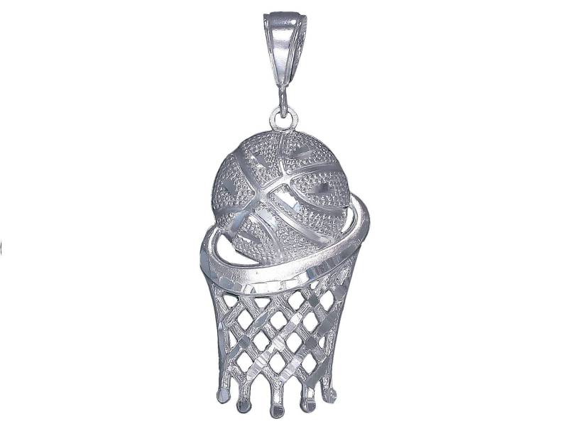Große Silber Basketball Hoop Charmehalskette 2, 2 Zoll 6, 2 Gramm Mit Schnitt Diamant-Finish Und 24-Zoll-Figaro-Kette von EJewelryPlus