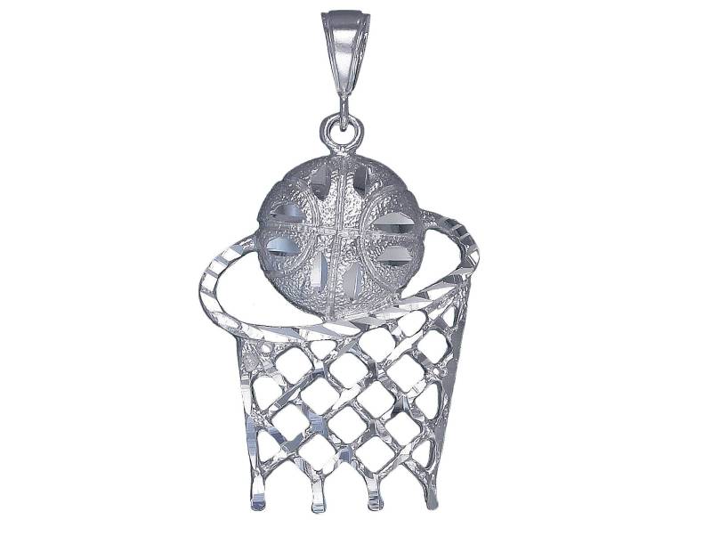 Große Silber Basketball Hoop Charmehalskette 2, 4 Zoll 9, 2 Gramm Mit Schnitt Diamant-Finish Und 24-Zoll-Figaro-Kette von EJewelryPlus