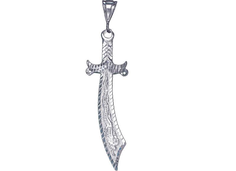Große Silber Drachen Schwert Charmehalskette 4, 2 Zoll 18 Gramm Mit Schnitt Diamant-Finish Und 24-Zoll-Figaro-Kette von EJewelryPlus