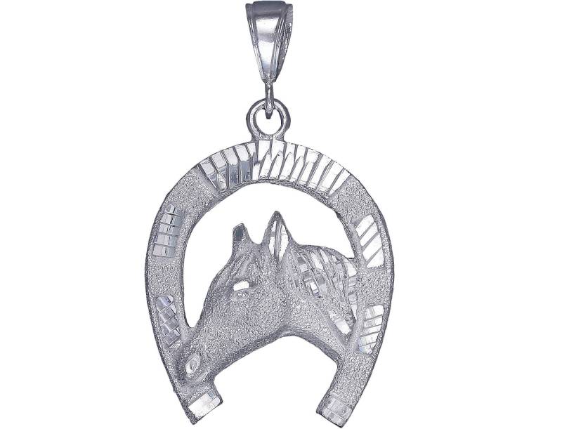 Große Silber Hufeisen Mit Pferd Charmehalskette 2.1 Zoll 9 Gramm Schnitt Diamant-Finish Und 24-Zoll-Figaro-Kette von EJewelryPlus