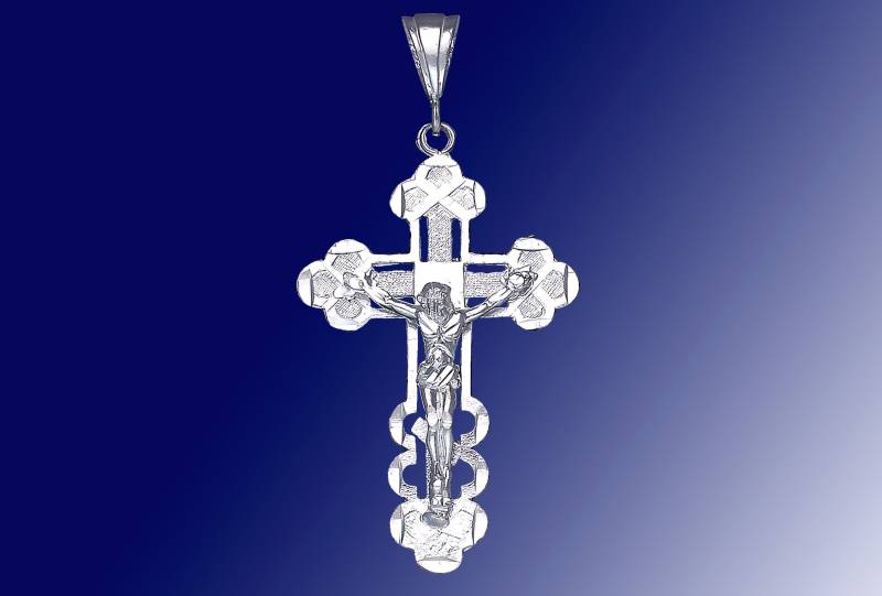 Große Silber Kreuz Mit Jesus Halskette 2, 9 Zoll 10 Gramm Schnitt Diamant-Finish Und 24-Zoll-Figaro-Kette von EJewelryPlus