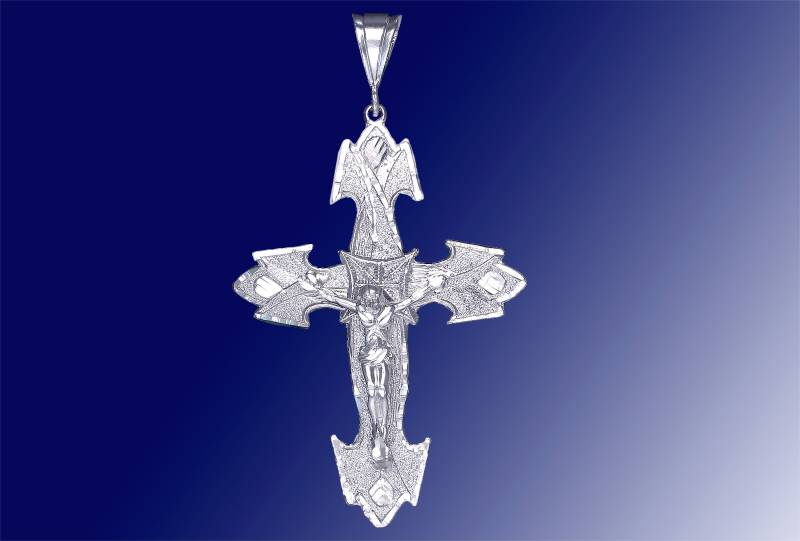 Große Silber Kreuz Mit Jesus Halskette 2, 9 Zoll 16 Gramm Schnitt Diamant-Finish Und 24-Zoll-Figaro-Kette von EJewelryPlus