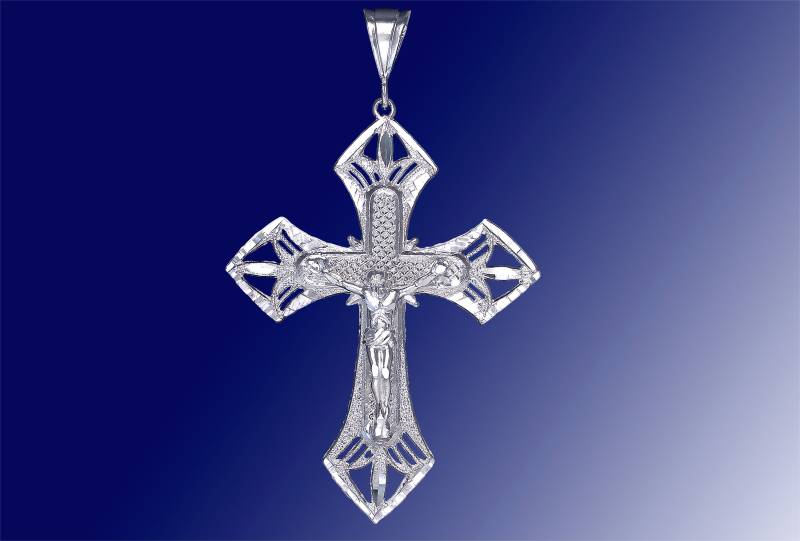 Große Silber Kreuz Mit Jesus Halskette 3, 5 Zoll 15 Gramm Schnitt Diamant-Finish Und 24-Zoll-Figaro-Kette von EJewelryPlus
