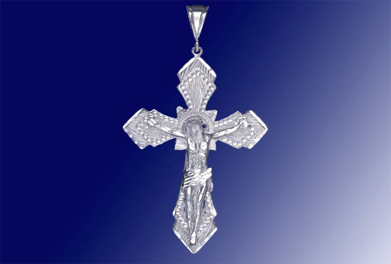 Große Silber Kreuz Mit Jesus Halskette 3, 5 Zoll 16 Gramm Schnitt Diamant-Finish Und 24-Zoll-Figaro-Kette von EJewelryPlus