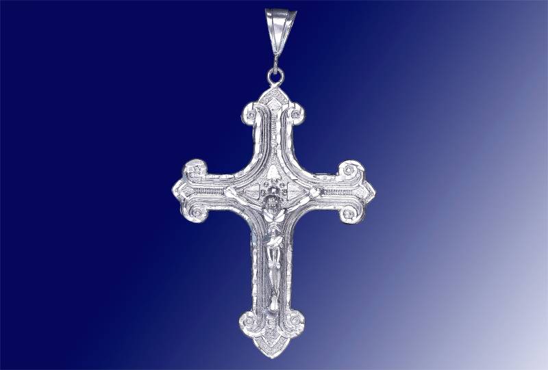 Große Silber Kreuz Mit Jesus Halskette 3, 5 Zoll 18 Gramm Schnitt Diamant-Finish Und 24-Zoll-Figaro-Kette von EJewelryPlus