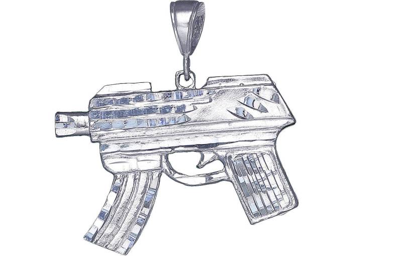 Große Silber Maschinengewehr Charmehalskette 1, 8 Zoll 10 Gramm Mit Schnitt Diamant-Finish Und 24-Zoll-Figaro-Kette von EJewelryPlus