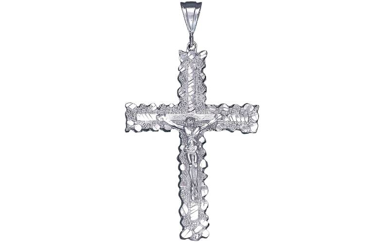 Große Silber Nugget Kreuz Mit Jesus Halskette 3, 5 Zoll 16 Gramm Schnitt Diamant-Finish Und 24-Zoll-Figaro-Kette von EJewelryPlus