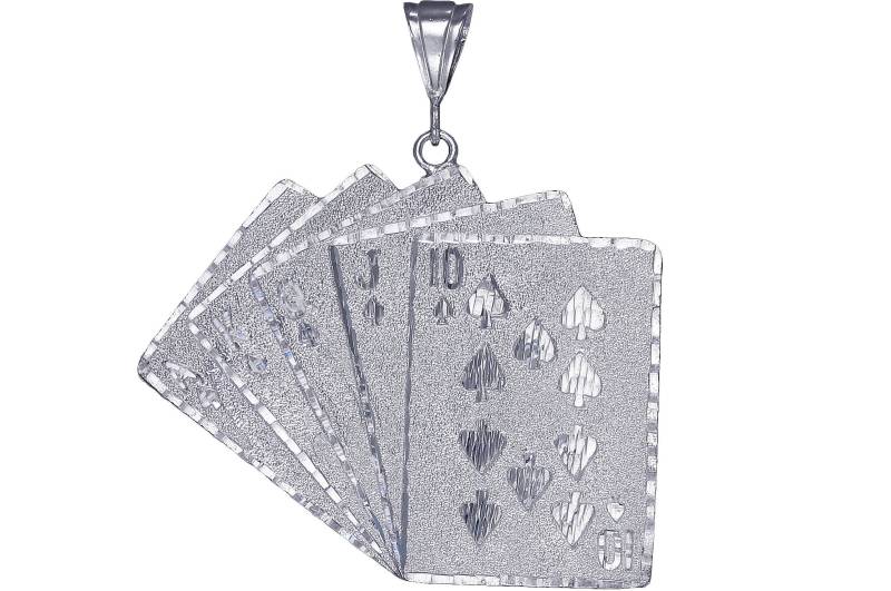 Riesige Sterling Silber Royal Flush Von Herzen Poker Charmehalskette 2, 8 Zoll 20 Gramm Mit Schnitt Diamant-Finish Und 24-Zoll-Figaro-Kette von EJewelryPlus