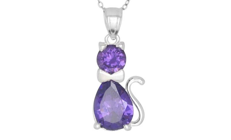 Sterling Silber 925 Katze, Kätzchen Mit Geburtsstein Februar/Amethyst, Zirkonia Stein. Charm Anhänger Halskette | Hergestellt in Usa von EJewelryPlus