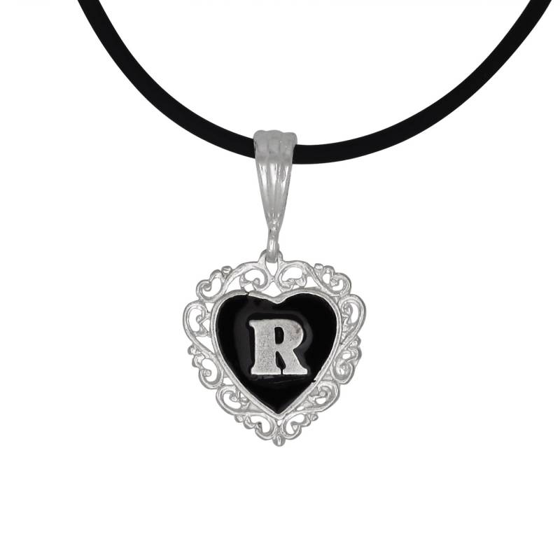 sterling Silber 925 "R" Initial Herz-Anhänger Mit Schwarzer Emaille | Hergestellt in Usa von EJewelryPlus