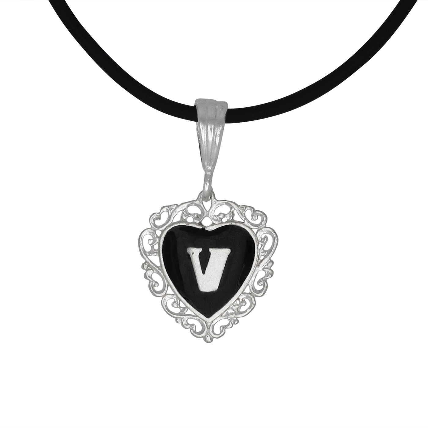 sterling Silber 925-"V" Initial-Herz-Anhänger Mit Schwarzer Emaille | Hergestellt in Usa von EJewelryPlus