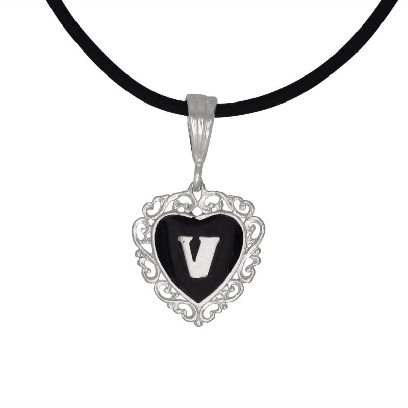 sterling Silber 925-"V" Initial-Herz-Anhänger Mit Schwarzer Emaille | Hergestellt in Usa von EJewelryPlus