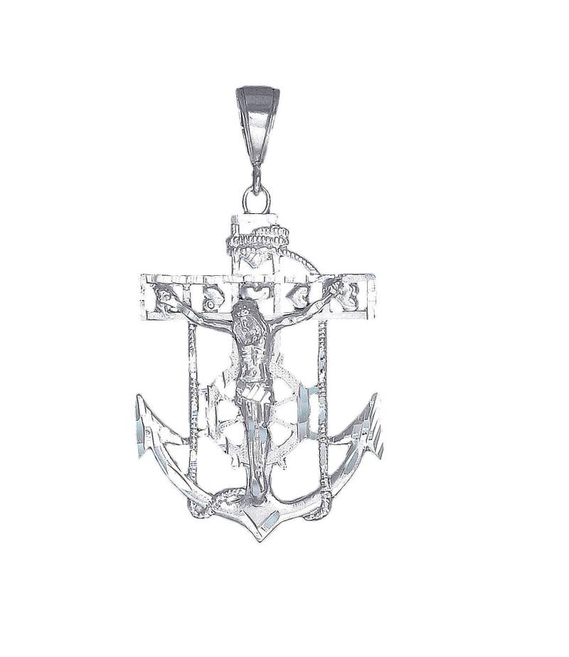 sterling Silber Anker Kreuz Mit Jesus Und Herzen Halskette 2, 4 Zoll, 9 Gramm Schnitt Diamant-Finish 24-Zoll-Kette von EJewelryPlus