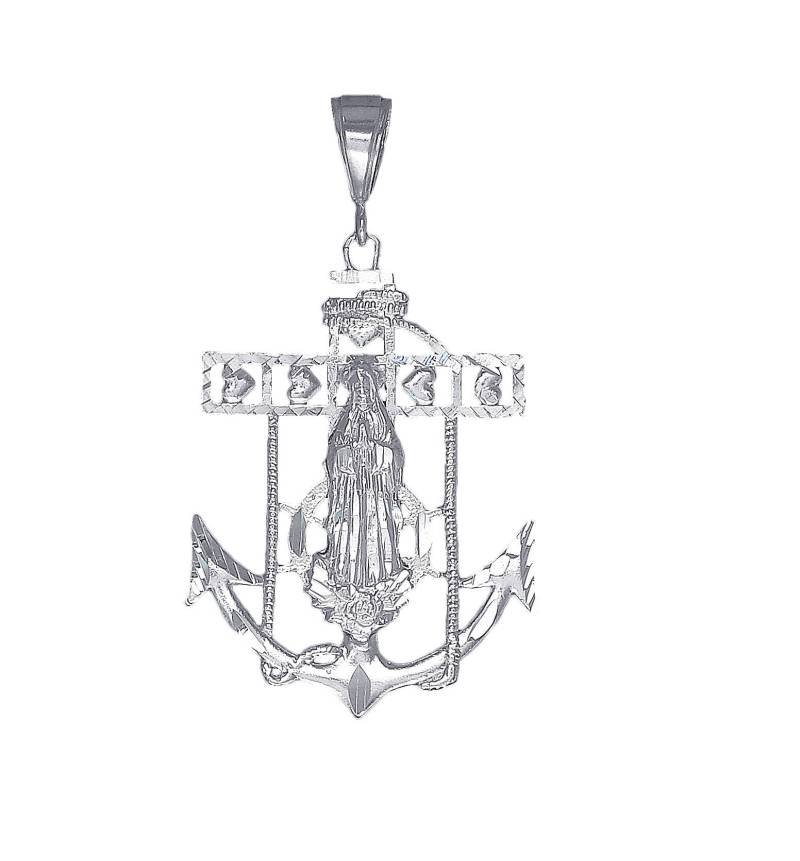 sterling Silber Anker Kreuz Mit Maria Und Herzen Halskette 2, 4 Zoll, 9 Gramm Schnitt Diamant-Finish 24-Zoll-Kette von EJewelryPlus