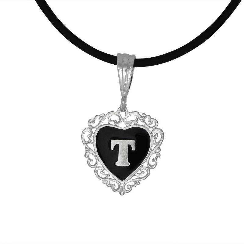 sterling Silber Initial Halskette Schwarzer Emaille Herz Geformt von EJewelryPlus