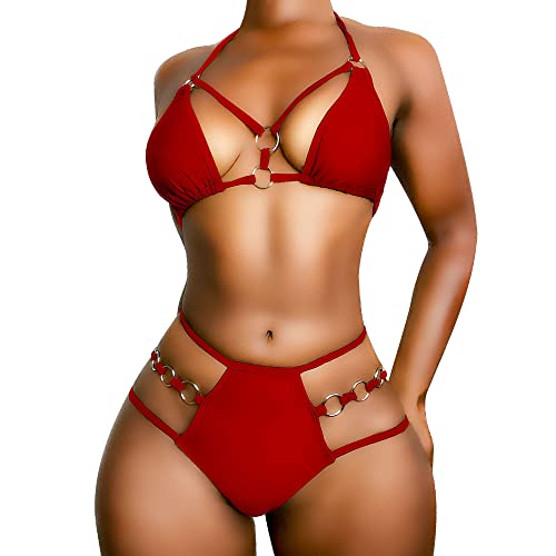 EJsoyo Damen Sexy Tanga-Bikini, Badeanzüge, Schnur, Push-Up, gepolsterter Badeanzug, 2-teilig, freche Bademode mit Metallring, rot, X-Large von EJsoyo