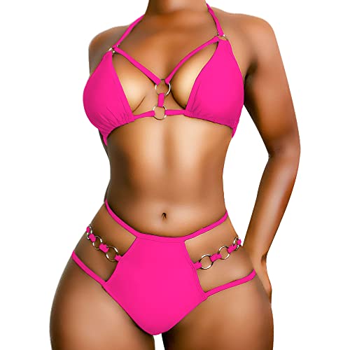 EJsoyo Damen Sexy Tanga Bikini Badeanz¨¹ge String Push Up Gepolsterter Badeanzug 2 St¨¹ck Freche Bademode mit Metallring, Rosa, Large von EJsoyo