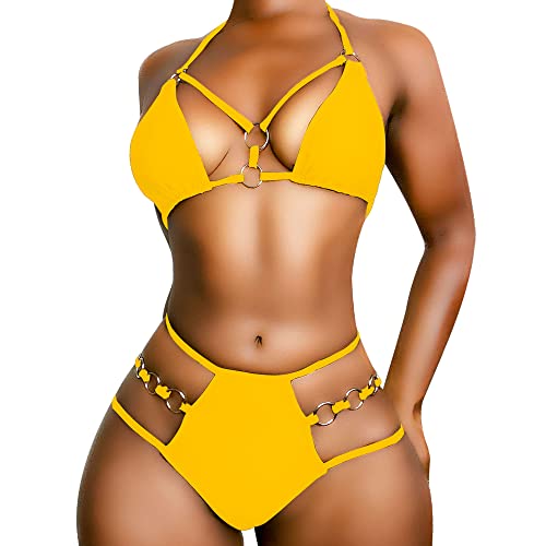 EJsoyo Damen Sexy Tanga Bikini Badeanzüge String Push Up Gepolstert Badeanzug 2 Stück Freche Bademode mit Metallring, gelb, Large von EJsoyo