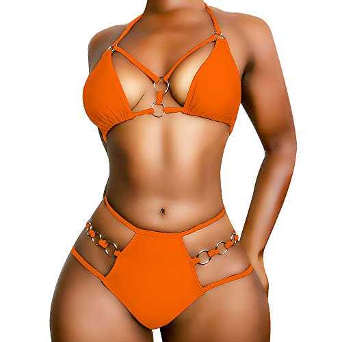 EJsoyo Damen Sexy Tanga Bikini Badeanzüge String Push Up Gepolsterter Badeanzug 2 Stück Freche Bademode mit Metallring, Orange, Small von EJsoyo