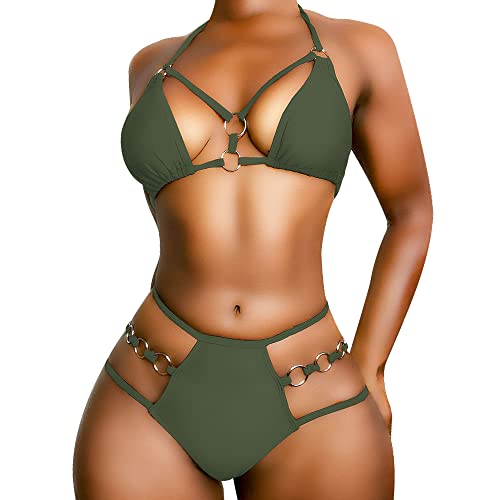 EJsoyo Damen Sexy Tanga Bikini Badeanzüge String Push Up Gepolsterter Badeanzug 2 Stück Freche Bademode mit Metallring, armee-grün, X-Large von EJsoyo