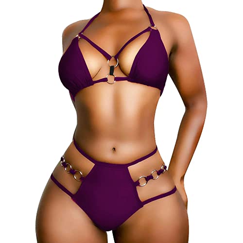 EJsoyo Damen Sexy Tanga Bikini Badeanzüge String Push Up Gepolsterter Badeanzug 2-teilig freche Bademode mit Metallring, Violett, Large von EJsoyo