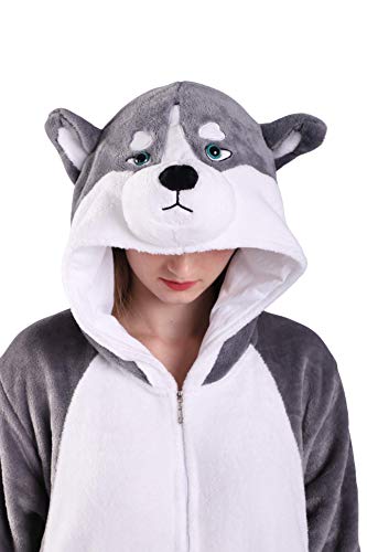 EJsoyo Erwachsene Einteiler Hase Nachtwäsche Löwe Tier Welpe Cartoon Kostüm und Teens Pyjama Unisex Weihnachten Halloween Cosplay L, Graue Huskies von EJsoyo