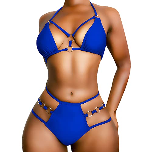 EJsoyo Sexy Damen-Bikini, Badeanzug, Push-up, gepolsterter Badeanzug, 2-teilig, freche Bademode mit Metallring, Blau, S von EJsoyo